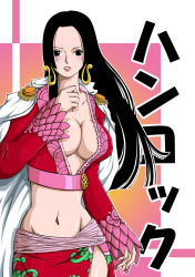 Rule 34 | 1girl, amazon lily, black hair, boa hancock, breasts, cape, cleavage, epaulettes, female focus, gradient background, highres, midriff, one piece, solo