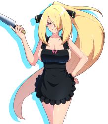 Rule 34 | 1girl, apron, black apron, blonde hair, breasts, bright pupils, cleavage, clenched hand, closed mouth, commentary request, covered navel, cowboy shot, creatures (company), cynthia (pokemon), drop shadow, frilled apron, frills, game freak, grey eyes, hair ornament, hair over one eye, hand on own hip, hand up, highres, holding, holding knife, kitchen knife, knife, large breasts, long hair, madoka (user zrnk8278), naked apron, nintendo, pokemon, pokemon dppt, ponytail, simple background, smile, solo, very long hair, white background