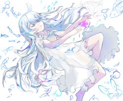Rule 34 | 1girl, absurdres, ahoge, air bubble, artist name, bad id, bad pixiv id, bubble, closed eyes, fish, flower, frown, full body, highres, long hair, mogu70417776, pajamas, sketch, solo, soulworker, underwater, white background, white hair, white pajamas