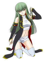 Rule 34 | 00s, boots, c.c., code geass, detached sleeves, green hair, kneeling, long hair, midriff, misnon the great, shorts, solo, thigh boots, thighhighs, yellow eyes