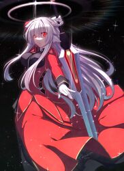 Rule 34 | 1girl, absurdres, arm up, breasts, closed mouth, commentary request, gloves, grey hair, hair between eyes, halo, highres, holding, holding sword, holding weapon, jacket, long hair, long sleeves, looking at viewer, medium breasts, murasame shia, original, red eyes, red jacket, red skirt, signature, skirt, solo, sword, very long hair, weapon, white gloves