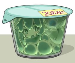 Rule 34 | 1girl, blush, breasts, female focus, gelatin, green eyes, in container, mini person, minigirl, monster girl, open mouth, original, rmtwo, slime girl, solo