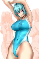 Rule 34 | 3girls, absurdres, arms up, ayanami rei, blue hair, blue one-piece swimsuit, breasts, commentary request, covered erect nipples, cowboy shot, highres, judge (oekaki), large breasts, looking at viewer, multiple girls, neon genesis evangelion, one-piece swimsuit, partially visible vulva, red eyes, short hair, solo focus, stretching, swimsuit, white background