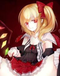 Rule 34 | 1girl, alternate costume, blonde hair, blush, bow, breasts, cleavage, clothes lift, flandre scarlet, frilled skirt, frills, hair bow, looking at viewer, miniskirt, panties, pantyshot, red eyes, side ponytail, skirt, skirt lift, small breasts, solo, spread legs, thighhighs, thighs, touhou, underwear, utakata (kochou no yume), wrist cuffs, zettai ryouiki