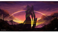 1other azizseiei cable commentary dated english_commentary english_text eva_01 evangelion:_2.0_you_can_(not)_advance green_trim highres horns lamppost letterboxed mecha mecha_focus mechanical_horns mountain neon_genesis_evangelion purple_sky rainbow rebuild_of_evangelion robot scene_reference signature sky solo_focus sunlight sunset yellow_eyes