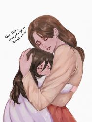 Rule 34 | 2girls, black hair, brown hair, brown shirt, carla yeager, child, closed eyes, comforting, crying, dress, english text, hair between eyes, hand on another&#039;s head, highres, hug, long hair, long sleeves, low-tied long hair, mikasa ackerman, mother and daughter, multiple girls, parted bangs, parted lips, red skirt, shingeki no kyojin, shirt, skirt, smile, tears, upper body, white background, white dress, zaragreenbite