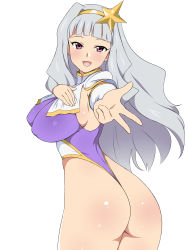 Rule 34 | 1girl, ass, blunt bangs, breast suppress, breasts, cosplay, covered erect nipples, gundam, gundam seed, gundam seed destiny, hairband, highleg, highres, idolmaster, idolmaster (classic), kagemusha, large breasts, leotard, light purple hair, long hair, looking at viewer, meer campbell, meer campbell (cosplay), outstretched hand, purple eyes, shijou takane, sideboob, silver hair, simple background, smile, solo, star (symbol), thong leotard, v, white background