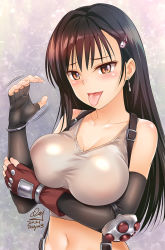 Rule 34 | 1girl, 2021, bad id, bad pixiv id, bare shoulders, black gloves, black hair, blush, breasts, brown eyes, collarbone, commentary, cosplay, earrings, elbow gloves, elbow pads, fellatio gesture, final fantasy, final fantasy vii, fingerless gloves, gloves, hair ornament, hairclip, highres, jewelry, kotegawa yui, large breasts, long hair, looking away, menyoujan, midriff, navel, open mouth, sexually suggestive, signature, smile, solo, square enix, swept bangs, tank top, tifa lockhart, tifa lockhart (cosplay), to love-ru, tongue, tongue out, upper body