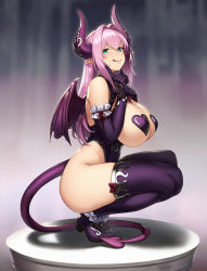 Rule 34 | 1girl, :q, ass, bare shoulders, breastless clothes, breasts, cattleya (houtengeki), demon girl, demon tail, demon wings, elbow gloves, from side, gloves, green eyes, hair intakes, hand on own chest, heart, heart pasties, highleg, highres, horns, houtengeki, huge breasts, index finger raised, long hair, looking at viewer, looking to the side, original, pasties, pink hair, pointy ears, purple thighhighs, smile, solo, squatting, tail, thighhighs, tongue, tongue out, wings
