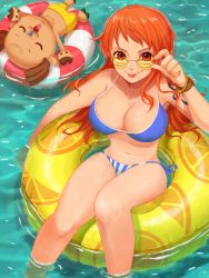 Rule 34 | 1boy, 1girl, age difference, bikini, breasts, cleavage, highres, large breasts, long hair, nami (one piece), one piece, orange eyes, orange hair, smile, swimsuit, tony tony chopper, water