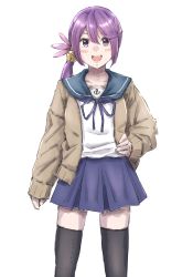 Rule 34 | 1girl, adapted costume, akebono (kancolle), akebono kai (kancolle), anchor ornament, bell, black thighhighs, blue sailor collar, blue skirt, brown cardigan, cardigan, flower, hair bell, hair flower, hair ornament, highres, jingle bell, kantai collection, ld (luna dial398), long hair, open cardigan, open clothes, pleated skirt, purple eyes, purple hair, sailor collar, school uniform, serafuku, side ponytail, simple background, skirt, solo, thighhighs, very long hair, white background