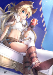Rule 34 | 1girl, belt, belt pouch, blonde hair, blue eyes, blush, boots, breasts, brown footwear, brown hat, can, capelet, coca-cola, colt revolver (girls&#039; frontline), commentary request, couch, cowboy boots, cowboy hat, crop top, crossed legs, dated, denim, denim shorts, drink can, facial mark, fingerless gloves, fur trim, girls&#039; frontline, gloves, hat, high heel boots, high heels, holding, knee boots, long hair, looking at viewer, navel, open mouth, pouch, sarasa (kanbi), sheriff badge, shoe soles, shorts, single thighhigh, sitting, small breasts, smile, soda can, solo, sparkle, spurs, star (symbol), thighhighs, twintails, twitter username, white thighhighs