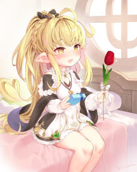 Rule 34 | 1girl, absurdly long hair, ahoge, bare legs, bare shoulders, blonde hair, blush, braid, breasts, cleavage cutout, clothing cutout, commentary request, corn, dress, flower, granblue fantasy, hair ribbon, harvin, highres, kuro chairo no neko, long hair, melissabelle, on bed, open mouth, pointy ears, red flower, ribbon, sidelocks, signature, sitting, small breasts, smile, solo, stuffed toy, tulip, very long hair, yellow eyes