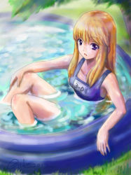 Rule 34 | 1girl, bad id, bad pixiv id, blonde hair, gride, highres, long hair, one-piece swimsuit, original, purple eyes, school swimsuit, solo, submerged, swimsuit, wading pool