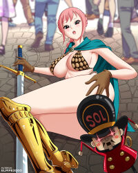 Rule 34 | 1boy, 1girl, 6+others, armor, artist name, ass, ass focus, ass grab, bikini armor, blush, braid, breasts, brown gloves, cape, cleavage, disgust, dressrosa, elpipe 3000, embarrassed, father and daughter, gloves, glowing, glowing eyes, grabbing another&#039;s ass, highres, holding, holding sword, holding weapon, kyros, large breasts, legs together, lips, long hair, looking at viewer, lying, multiple others, one piece, open mouth, pink hair, rebecca (one piece), red eyes, road, shaded face, single braid, sky, street, sword, toy, toy soldier, weapon, wide hips