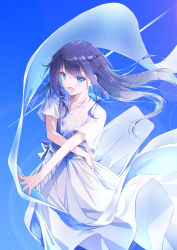 Rule 34 | 1girl, :d, absurdres, blue eyes, blue sky, commentary, contrail, daidai (daidai826), dress, hair blowing, highres, long hair, open mouth, original, purple hair, short sleeves, sky, smile, solo, standing, sundress, veil, white dress