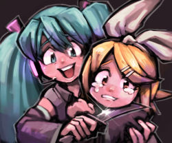 Rule 34 | 2girls, aqua eyes, aqua hair, arms around neck, bad id, bad pixiv id, blonde hair, commentary request, detached sleeves, evil smile, hair ornament, hair ribbon, hairclip, hatsune miku, kagamine rin, knife, blade to throat, laughing, looking at viewer, multiple girls, ribbon, sanjiro, sanjiro (tenshin anman), scared, short hair, smile, tears, twintails, vocaloid, yandere, yellow eyes