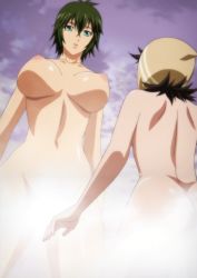Rule 34 | 2girls, ass, breasts, brown hair, censored, female focus, green hair, highres, huge breasts, ikkitousen, kyocho chuukou, multiple girls, navel, nipples, nude, screencap, short hair, small breasts, soujin shikou, stitched, third-party edit