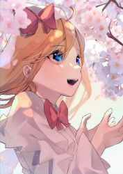 Rule 34 | 1girl, :d, absurdres, ahoge, blonde hair, blue eyes, bow, bowtie, breasts, capelet, cherry blossoms, dappled sunlight, dress, falling petals, fingernails, floating hair, flower, hair between eyes, hands up, hat, hat bow, highres, huge filesize, kappa mame, lily white, long hair, looking up, open mouth, outdoors, petals, pink flower, red bow, red bowtie, small breasts, smile, solo, sunlight, touhou, upper body, white capelet, white dress, white hat