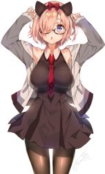 Rule 34 | 1girl, :o, animal ears, arms up, bare shoulders, blush, bow, breasts, brown pantyhose, cat ears, chestnut mouth, cowboy shot, dress, fake animal ears, fate/grand order, fate (series), fingernails, glasses, hair bow, hair over one eye, harunoibuki, jacket, large breasts, long sleeves, looking at viewer, mash kyrielight, necktie, off shoulder, one eye covered, open clothes, open jacket, open mouth, pantyhose, pink hair, purple eyes, red bow, red necktie, semi-rimless eyewear, short dress, short hair, signature, simple background, sleeveless, sleeveless dress, solo, standing, white background
