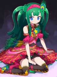 Rule 34 | 1girl, bare shoulders, between legs, black thighhighs, blue eyes, blunt bangs, blunt ends, closed mouth, dress, full body, green hair, hairband, hand between legs, highres, idol clothes, ikzw, long hair, looking at viewer, peacock feathers, pretty series, pripara, red dress, red hairband, sitting, solo, thighhighs, tsukikawa chili, two side up