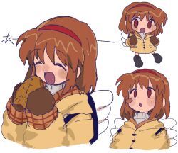 1girl :d blush brown_hair closed_eyes coat food hairband highres holding kanon long_sleeves mittens multiple_views open_mouth pizamanmgmg_1 smile taiyaki tsukimiya_ayu wagashi