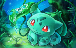 Rule 34 | akuru (akr369akr), bright pupils, bulbasaur, claws, closed mouth, commentary request, creatures (company), game freak, gen 1 pokemon, grass, leaf, nintendo, no humans, outdoors, pokemon, pokemon (creature), red eyes, smile, solo, water, water drop, watering, white pupils