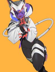 Rule 34 | 1girl, :d, animal ears helmet, bodysuit, bodysuit under clothes, commentary request, hair ornament, hairclip, helmet, highres, hood, hoodie, looking at viewer, machi (wm), open mouth, original, simple background, smile, solo, tube, yellow background