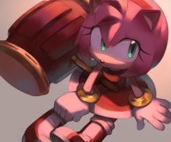 Rule 34 | 1girl, amy rose, animal nose, boots, dress, furry, furry female, gloves, green eyes, hairband, hammer, jewelry, looking to the side, toy hammer, qiinamii, red dress, red footwear, red hairband, ring, shadow, solo, sonic (series), white gloves