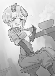 Rule 34 | 1girl, bowl, breasts, center opening, cropped jacket, doka yuki (tsumorisugi), flashing, greyscale, hand on lap, highres, inverted nipples, made in abyss, monochrome, nipples, one breast out, open mouth, restaurant, short hair, sidelocks, sitting, small breasts, steam, stool, tepaste