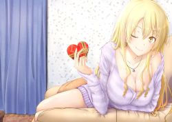 Rule 34 | 1girl, ;), arm support, blonde hair, box, bra strap, breasts, cleavage, couch, curtains, dress, heart-shaped box, highres, indoors, jewelry, large breasts, long hair, long sleeves, looking at viewer, miura yumiko, necklace, nentsuchi, one eye closed, purple sweater, sitting, smile, solo, striped clothes, striped sweater, sweater, sweater dress, valentine, yahari ore no seishun lovecome wa machigatteiru., yellow eyes