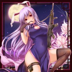 Rule 34 | 1girl, animal ears, assault rifle, biting, black gloves, breasts, china dress, chinese clothes, cleavage cutout, clothing cutout, covered erect nipples, covered navel, dress, fishnet gloves, fishnet thighhighs, fishnets, flower, full moon, glove biting, glove pull, gloves, gun, gun sling, jpeg artifacts, large breasts, long hair, looking at viewer, monety, moon, mouth hold, night, night sky, outside border, pouch, purple eyes, purple hair, rabbit ears, reisen udongein inaba, rifle, sky, solo, star (sky), starry sky, thigh pouch, thighhighs, touhou, vertical forward grip, very long hair, weapon