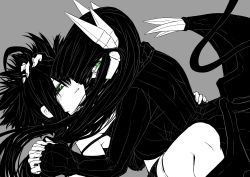 Rule 34 | 2girls, bad id, bad twitter id, blush, commentary request, copyright request, demon girl, demon horns, demon tail, demon wings, fingernails, glasses, green eyes, grey background, greyscale, highres, horns, interlocked fingers, long hair, low wings, merii (mazohaha), missionary, monochrome, multiple girls, musuko ga kawaikute shikatanai mazoku no hahaoya, nishimura chiharu, one eye covered, parted lips, short hair, shorts, simple background, smile, spot color, tail, wings, yuri, zyugoya