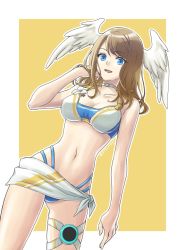 Rule 34 | 1girl, :d, bare arms, bare shoulders, bikini, blue eyes, border, breasts, brown hair, choker, cleavage, collarbone, commentary request, cowboy shot, eunie (xenoblade), hand in own hair, hand up, head wings, highres, large breasts, long hair, looking at viewer, navel, open mouth, oto nagi, outside border, smile, solo, standing, stomach, swimsuit, thighs, white bikini, white border, white choker, wings, xenoblade chronicles (series), xenoblade chronicles 3, yellow background