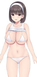 Rule 34 | 1girl, absurdres, bikini, blush, breasts, brown hair, cleavage, clothes lift, collarbone, hairband, highres, large breasts, looking at viewer, mizunashi kenichi, navel, open mouth, original, purple eyes, shirt lift, short hair, simple background, smile, solo, swimsuit, tank top, thighs, white background, white bikini, white tank top
