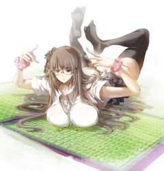 Rule 34 | 1girl, ass, breasts, brown hair, double v, glasses, highres, huge breasts, long hair, lying, on stomach, original, panties, pantyshot, school uniform, skirt, solo, tanupo, tatami, thighhighs, underwear, upskirt, v