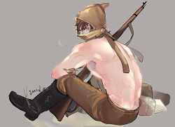 Rule 34 | 1boy, bird, bird on leg, blue eyes, bolt action, boots, brown hair, full body, fur hat, golden kamuy, gun, hat, looking at viewer, male focus, mask, mosin-nagant, mouth mask, rifle, short hair, sitting, solo, toned, toned male, topless male, vasily (golden kamuy), weapon, yumi (soak1111)