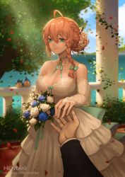 Rule 34 | 1boy, 1girl, ahoge, artist name, blue flower, blue rose, bouquet, braid, breasts, bridal gauntlets, bride, brown hair, cleavage, closed mouth, collarbone, commentary, day, dragalia lost, dress, english commentary, flower, hair bun, hentaki, highres, jewelry, large breasts, long hair, looking at viewer, louise (dragalia lost), out of frame, outdoors, ring, rose, side braid, single hair bun, smile, solo focus, strapless, strapless dress, watermark, web address, wedding dress, white dress, white flower, white rose