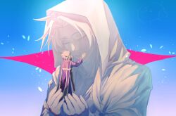 Rule 34 | 2boys, absurdres, chinese commentary, closed eyes, closed mouth, collarbone, commentary request, dbhid, hatsutori hajime, highres, holding, hood, hood up, jacket, long hair, long sleeves, male focus, mini person, miniboy, multiple boys, open clothes, open jacket, pink hair, purple robe, robe, saibou shinkyoku, short hair, stole, utsugi noriyuki, white jacket