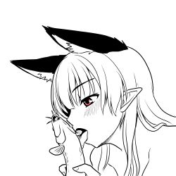 Rule 34 | 1girl, animal ears, bad id, bad pixiv id, blush, cat ears, fish, isaki (gomi), kaenbyou rin, licking, long hair, monochrome, open mouth, pointy ears, red eyes, saliva, sexually suggestive, spot color, touhou