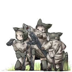 Rule 34 | 3girls, adapted uniform, ammunition, animal ears, animal hat, bad id, bad pixiv id, binoculars, blonde hair, blue eyes, canteen, commentary, covering own ears, entrenching tool, gaiters, green hat, hands on own head, hat, helmet, kneeling, mars advance recon soldiers, mars expedition, military, military uniform, miniskirt, mortar (weapon), multiple girls, sheath, sheathed, shell (projectile), shovel, simple background, skirt, soldier, tank helmet, thighhighs, uniform, weapon, worktool, world war ii, y (khakiyawn), zettai ryouiki