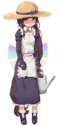 Rule 34 | 1girl, absurdres, aged down, apron, bad id, bad pixiv id, blue eyes, brown hair, daphne (last origin), dress, flat chest, greentree, hat, highres, last origin, long hair, looking at viewer, low-tied long hair, maid, open mouth, shaded face, simple background, solo, straw hat, watering can, white background