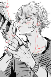 Rule 34 | 1boy, amami rantaro, blush, bracelet, collarbone, commentary request, danganronpa (series), danganronpa v3: killing harmony, ear piercing, earrings, eyelashes, fingernails, frilled socks, frills, greyscale, hair between eyes, holding another&#039;s foot, jewelry, long sleeves, looking at another, male focus, mary janes, me (lililico), messy hair, monochrome, multiple rings, parted lips, partial commentary, pendant, piercing, ring, shirt, shoes, short hair, simple background, smile, socks, solo focus, striped clothes, striped shirt, stud earrings, upper body, white background