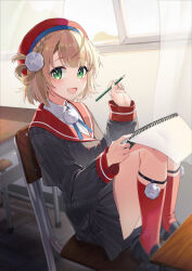 Rule 34 | 1girl, :d, ahoge, beret, black footwear, blonde hair, blue ribbon, braid, chair, classroom, collared shirt, desk, french braid, grey jacket, grey skirt, hair ornament, hair rings, hands up, hat, highres, holding, holding notepad, holding pencil, indie virtual youtuber, indoors, jacket, kneehighs, loafers, long hair, long sleeves, neck ribbon, notepad, on chair, open mouth, pencil, pinstripe jacket, pinstripe pattern, pinstripe skirt, pleated skirt, pom pom (clothes), pom pom hair ornament, red hat, red sailor collar, red socks, ribbon, sailor collar, school chair, school desk, shigure ui (vtuber), shigure ui (vtuber) (1st costume), shirt, shoes, short hair, side braid, sitting, skirt, sleeve cuffs, smile, socks, solo, striped clothes, striped jacket, striped skirt, toga (toganawa), vertical-striped clothes, vertical-striped jacket, vertical-striped skirt, virtual youtuber, white shirt