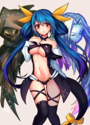 Rule 34 | 1girl, bare shoulders, black thighhighs, blue hair, blush, bow, breasts, choker, dizzy (guilty gear), fujisaki (hjsk), guilty gear, guilty gear x, guilty gear xx, large breasts, long hair, looking at viewer, navel, necro (guilty gear), red eyes, ribbon, skull, solo, tail, tail ornament, tail ribbon, thighhighs, twintails, underboob, undine (guilty gear), very long hair, yellow bow