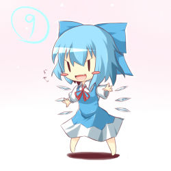 Rule 34 | &gt;:d, circled 9, 1girl, :d, blue hair, blush stickers, bow, cirno, dress, fang, gaius (nikoniko2), hair bow, open mouth, smile, solo, touhou, v-shaped eyebrows, wings