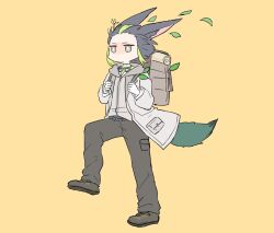 Rule 34 | 1boy, animal ear fluff, animal ears, backpack, bag, black hair, black pants, blunt ends, brown bag, brown eyes, brown footwear, coat, commentary request, earrings, fox boy, fox ears, fox tail, genshin impact, goggles, goggles around neck, green eyes, green hair, green shirt, grey coat, grey hoodie, hands up, himeko (nico6v6pachi), hood, hood down, hoodie, jewelry, kyoufuu all back (vocaloid), leaf, long sleeves, male focus, marching, multicolored eyes, multicolored hair, official alternate costume, open clothes, open coat, pants, pocket, shirt, shoes, short hair, simple background, single earring, solo, streaked hair, tail, tighnari (genshin impact), tighnari (kiehls&#039;) (genshin impact), turtleneck, v-shaped eyebrows, wind, yellow background