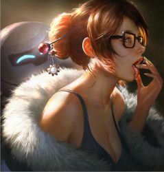 Rule 34 | 1girl, bare shoulders, beads, black-framed eyewear, blizzard (company), breasts, brown eyes, brown hair, cleavage, coat, collarbone, drone, eyeliner, fingernails, from side, fur-trimmed jacket, fur coat, fur trim, glasses, hair bun, hair ornament, hair stick, hand to own mouth, hand up, jacket, large breasts, lipstick, long fingernails, makeup, mei (overwatch), nose, off shoulder, open clothes, open coat, open mouth, overwatch, overwatch 1, parka, pink lips, realistic, revision, robot, saliva, saliva trail, short hair, sidelocks, single hair bun, snowball (overwatch), snowflake hair ornament, solo, tank top, teeth, tongue, tongue out, upper body, wang chen, winter clothes, winter coat