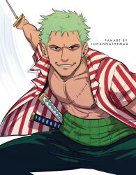 Rule 34 | 1boy, artist name, black eyes, commentary, earrings, english commentary, english text, green hair, highres, holding, holding weapon, jewelry, johannathemad, katana, looking at viewer, male focus, official alternate costume, one piece, open clothes, open shirt, roronoa zoro, scar, scar on chest, shirt, short hair, short sleeves, single earring, smile, solo, sword, teeth, weapon