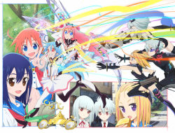 Rule 34 | 1boy, 6+girls, :d, ahoge, arm up, blonde hair, blue eyes, blue hair, blush, border, brown eyes, butterfly hair ornament, dress, eating, elbow gloves, expressionless, eyebrows, fence, flip flappers, food, gloves, glowing, grass, grey hair, grin, hair between eyes, hair ornament, hairclip, head tilt, high heels, holding, kojima takashi, kokomine cocona, long hair, looking at another, looking at viewer, magical girl, multiple boys, multiple girls, neck ribbon, neckerchief, necktie, official art, open mouth, outstretched arm, papika (flip flappers), photo (medium), photo (object), pink hair, pleated skirt, pure barrier, pure blade, purple eyes, red eyes, red hair, red necktie, red ribbon, ribbon, running, school uniform, serafuku, short eyebrows, short hair, sitting, skirt, smile, thick eyebrows, toto (flip flappers), tree, tt-392, uexkull, v, yayaka, yuyu (flip flappers)